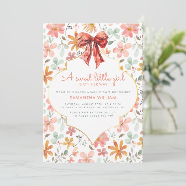 Invitation Coquette Baby shower de pêche à la boule de fleurs (Debout devant)