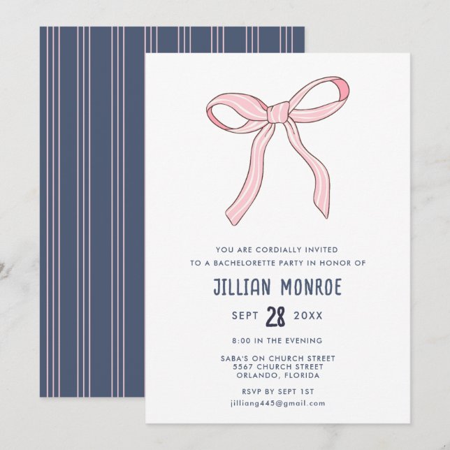 Invitation Coquette Bachelorée Rose Bleu (Devant / Derrière)