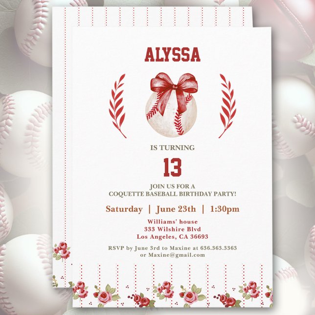 Invitation Coquette Baseball Red Bow Modern Girl Anniversaire (Coquette Baseball Red Bow Floral Modern Birthday Invitation)