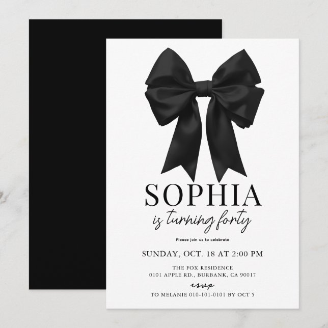 Invitation Coquette Black Bow Ribbon Adulte Anniversaire (Devant / Derrière)