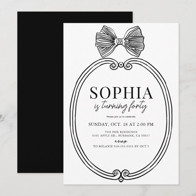 Invitation Coquette Black Bow/Ribbon Frame Adulte Anniversair (Devant / Derrière)
