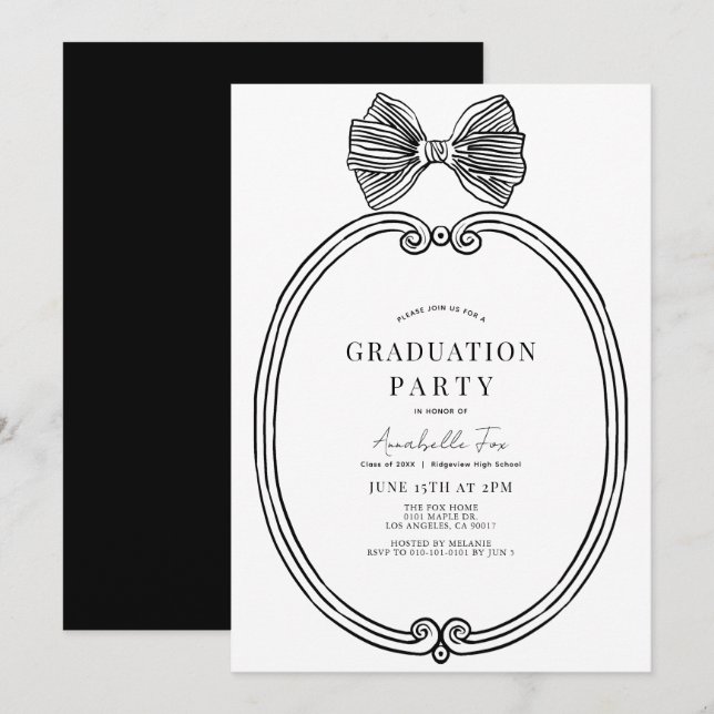 Invitation Coquette Black Bow/Ribbon Frame Graduation Party (Devant / Derrière)