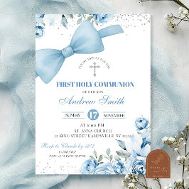 Invitation Coquette Bleue Bow Première Communion Sainte