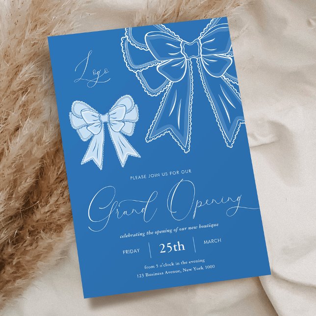 Invitation Coquette Bleue Vend Élégante Grand Ouverture (Modern dusty blue coquette bows business grand opening invitation)
