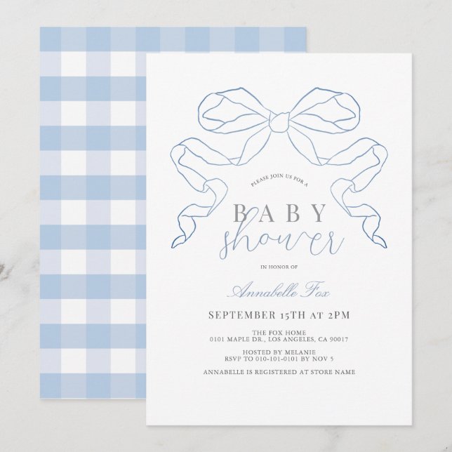 Invitation Coquette Blue Bow/Ribbon Boy Baby shower (Devant / Derrière)