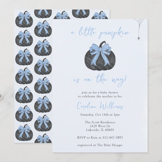 Invitation Coquette Blue Bow Un peu Citrouille Automne Hallow (Devant / Derrière)
