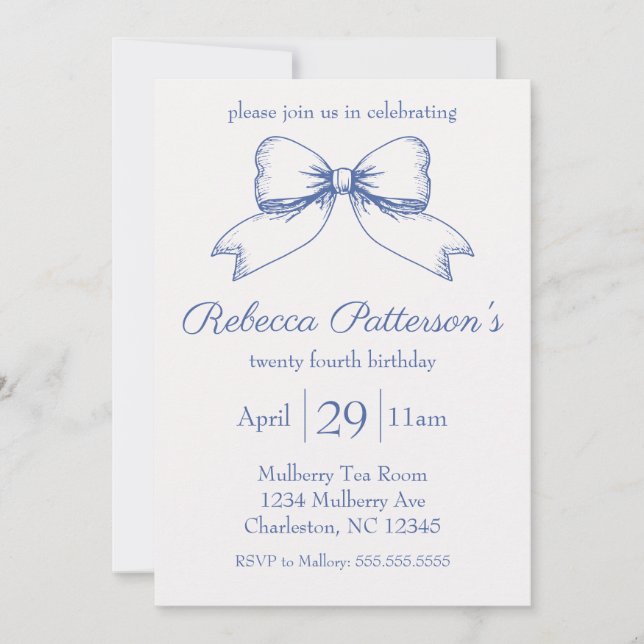 Invitation Coquette Blue Ribbon Bow Feminine Party (Devant)