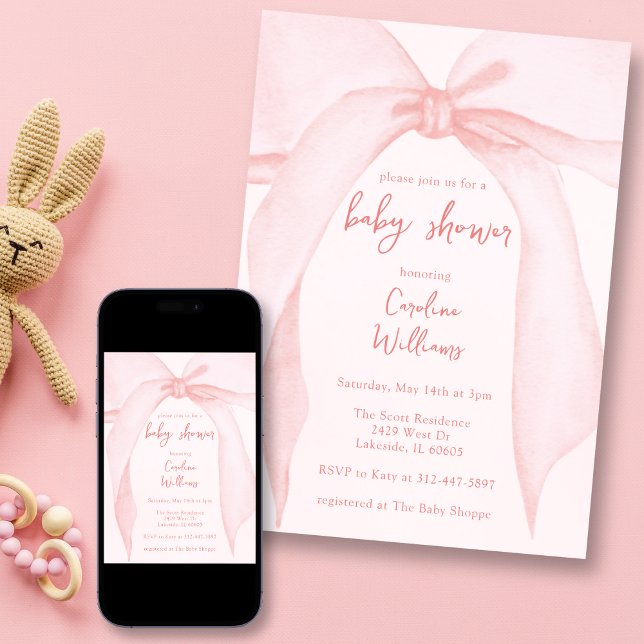 Invitation Coquette Blush Pink Bow Whimsical mignon Baby show (Créateur téléchargé)