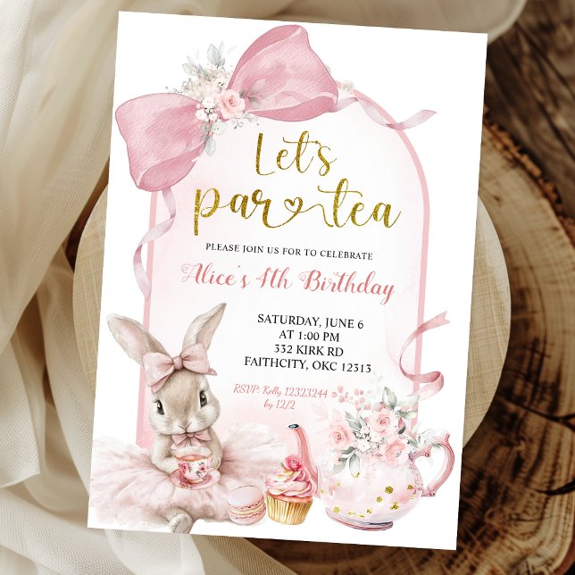 Invitation Coquette Blush Pink Floral Bow Bunny Tea Party  (Créateur téléchargé)