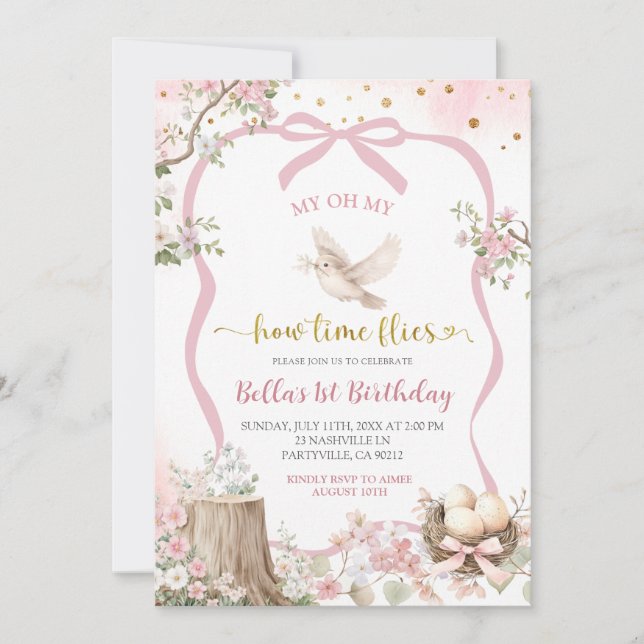 Invitation coquette blush pink Spring bird birthday  (Devant)
