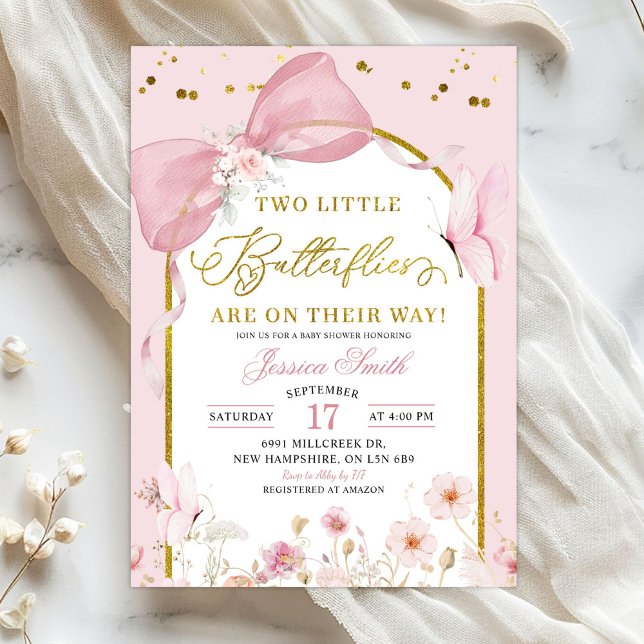 Invitation Coquette Blush Pink Twins Butterfly Baby Shower (Créateur téléchargé)