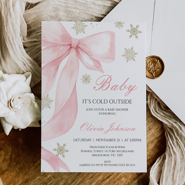 Invitation Coquette Bow Baby C'est du Baby shower froid (Baby it's Cold Outside Baby Shower Invitation Girls Pink Bow Snowflakes, Winter Baby Shower Invite)
