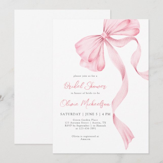 Invitation Coquette Bow Blush Pink Ribbon Fête des mariées (Devant / Derrière)
