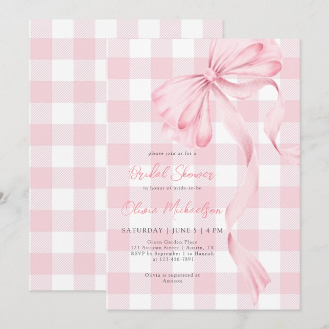 Invitation Coquette Bow Blush Plaid Pink Ribbon Fête des mari (Devant / Derrière)