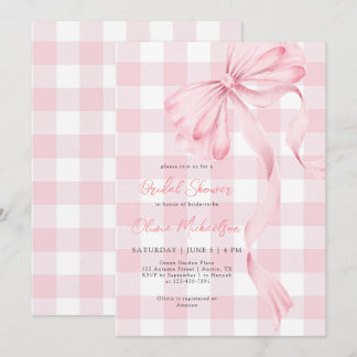 Invitation Coquette Bow Blush Plaid Pink Ribbon Fête des mari