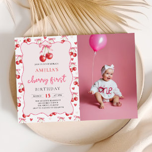 Invitation Coquette Bow Cherry Photo d'anniversaire