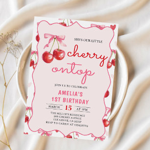 Invitation Coquette Bow Cherry sur le Top 1er Anniversaire In
