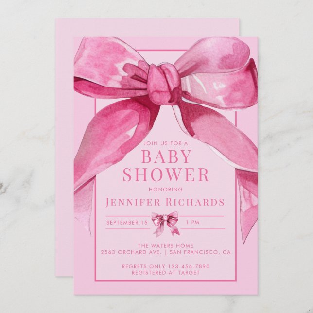 Invitation Coquette Bow | Douche pour bébé rose (Devant / Derrière)