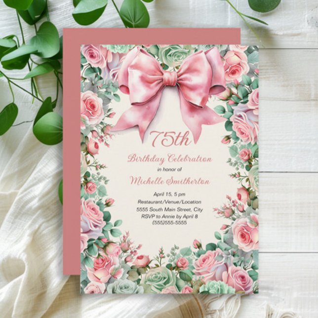 Invitation Coquette Bow Mint vert Floral 75e anniversaire (Coquette Pink Bow and Roses with Mint Green Watercolor Floral 75th Birthday Invitation)
