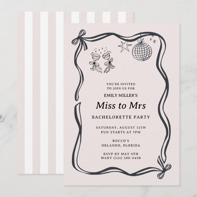 Invitation Coquette Bow Miss to Mrs Bachelorette  (Devant / Derrière)