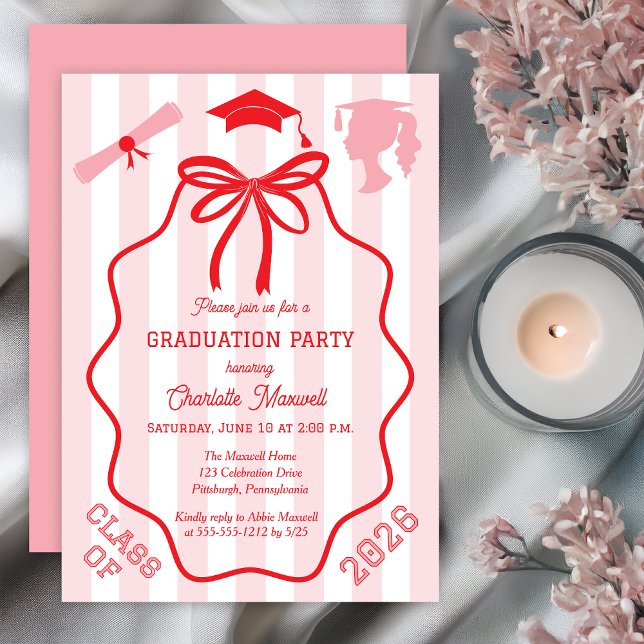 Invitation Coquette Bow | Pink Stripes Graduation Party (Pink Striped Graduation Party Invitation with Coquette Red Bow, Cap, and Diploma Icons Print Digital)