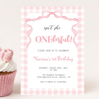 Invitation Coquette Bow Rose Bleu 1er Anniversaire