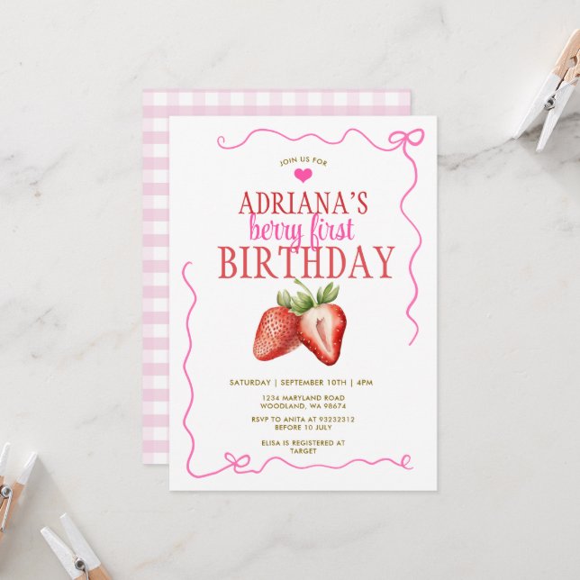 Invitation Coquette Bow rose En vichy Berry Premier anniversa (Devant/Arrière en situation)