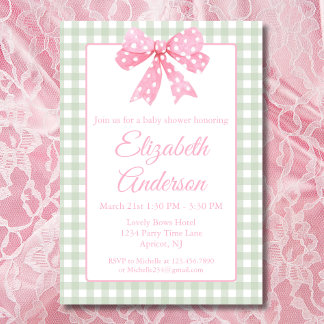 Invitation Coquette Bow Rose Et Sage En vichy Baby shower