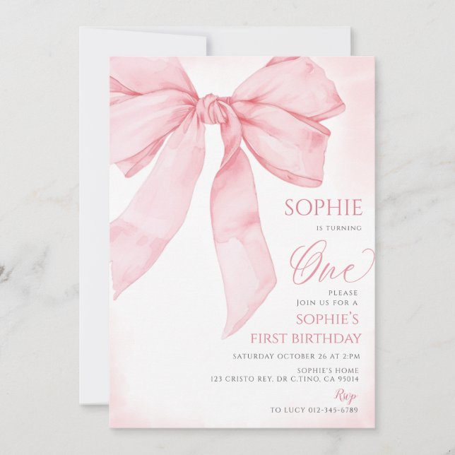 Invitation Coquette Bow rose Fille 1er anniversaire (Devant)