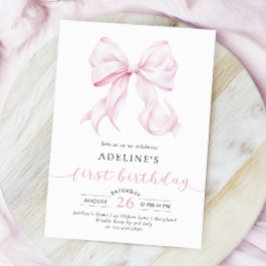 Invitation Coquette Bow rose Fille premier anniversaire