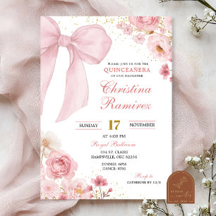 Invitation Coquette Bow rose florale Quinceanera