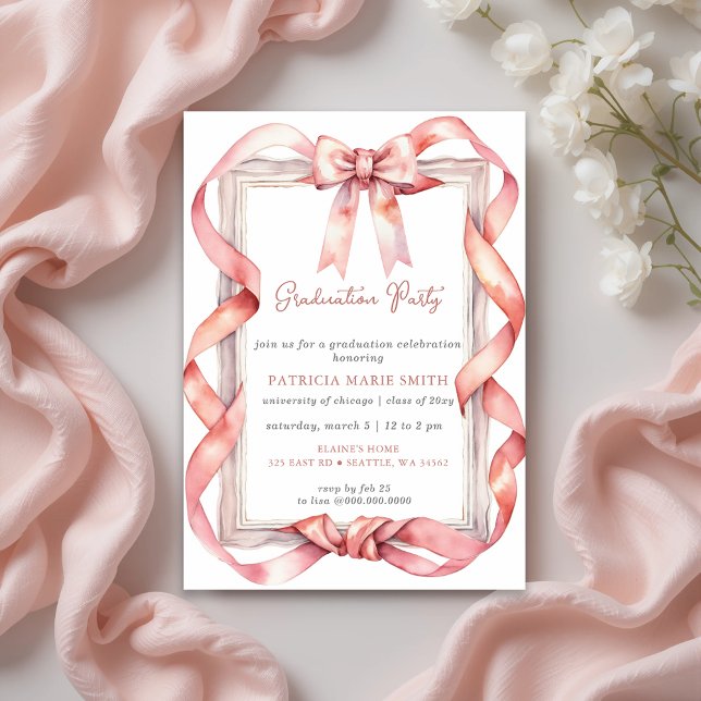 Invitation Coquette Bow rose Photo Graduation Party (Pink Bow Coquette Photo Graduation Party Invitation)