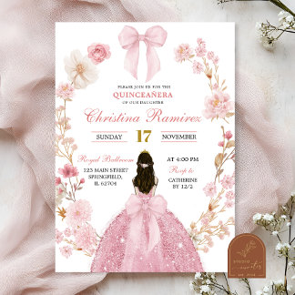 Invitation Coquette Bow rose Quinceanera fleurie princesse