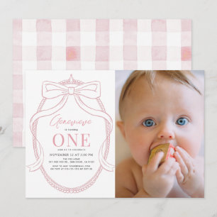 Invitation Coquette Bow rose Tiara Girl 1er anniversaire Phot