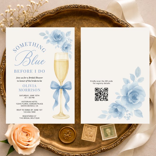 Invitation Coquette Bow Something Blue QR Code Bridal Shower  (Créateur téléchargé)