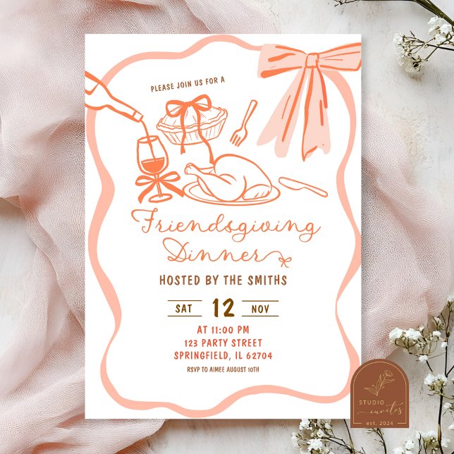 Invitation Coquette Bow Wavy Main Draendsgiving Friendsgiving (Créateur téléchargé)