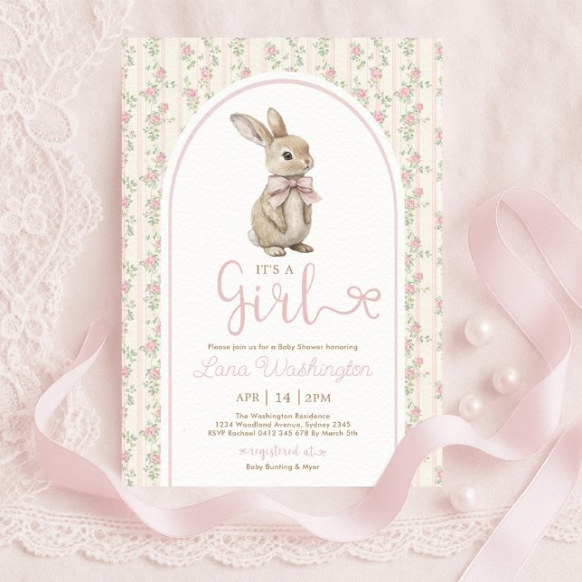 Invitation Coquette Bunny Pink Bow Roses Girl Baby Shower (Créateur téléchargé)