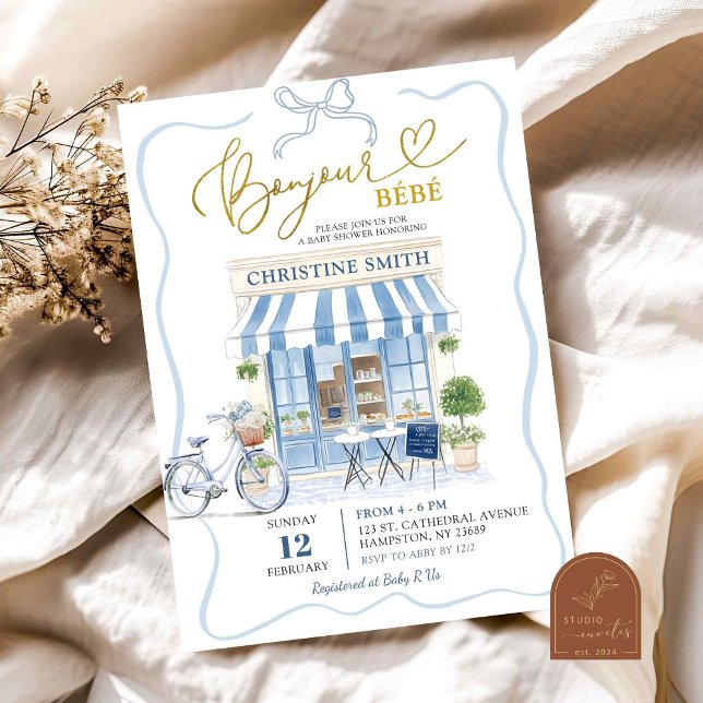Invitation Coquette Café parisien Baby shower Bleu Français (Créateur téléchargé)