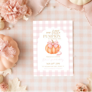 Invitation Coquette Citrouille Rose Noeud Gingham Fille Anniv
