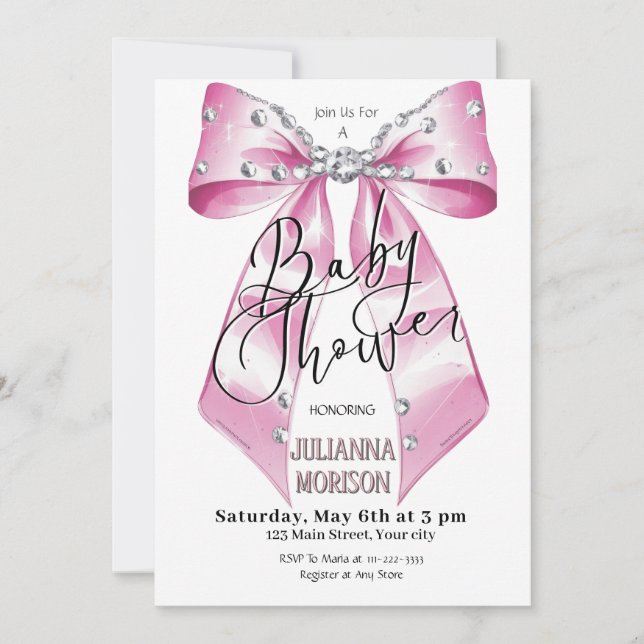 Invitation Coquette Diamant Rose Bow Baby shower fille (Devant)