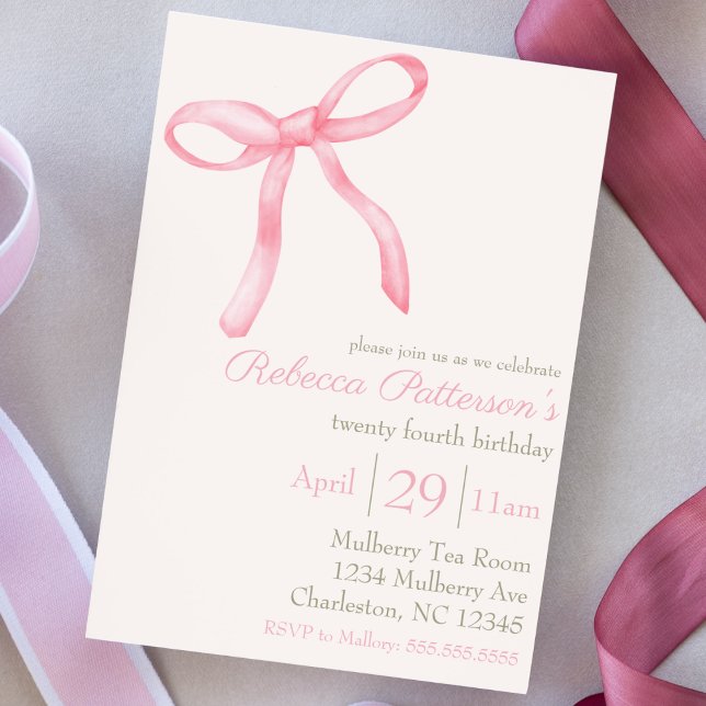 Invitation Coquette féminine Aquarelle rose mou Bow (feminine coquette pink bow party invitation for birthday pink and green girly sweet bday shabby chic)