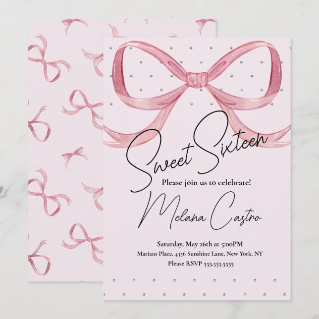 Invitation Coquette Filles Bow Rose Sweet 16 Anniversaire (Devant / Derrière)