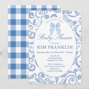Invitation Coquette Florale Bow bleu En vichy Baby shower gar