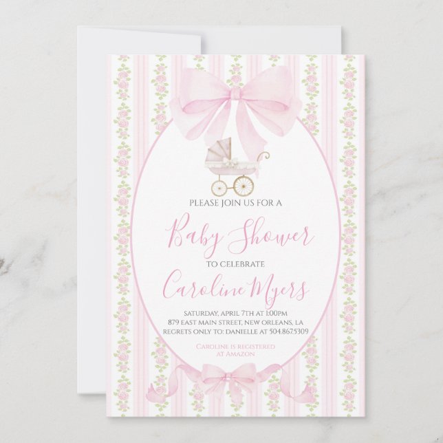 Invitation Coquette Florale Pink Preppy Baby Girl Carriage (Devant)
