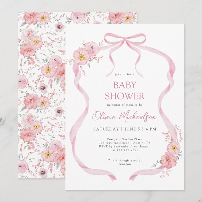 Invitation Coquette Florale rose Ribbon Bow Girl Baby shower (Devant / Derrière)