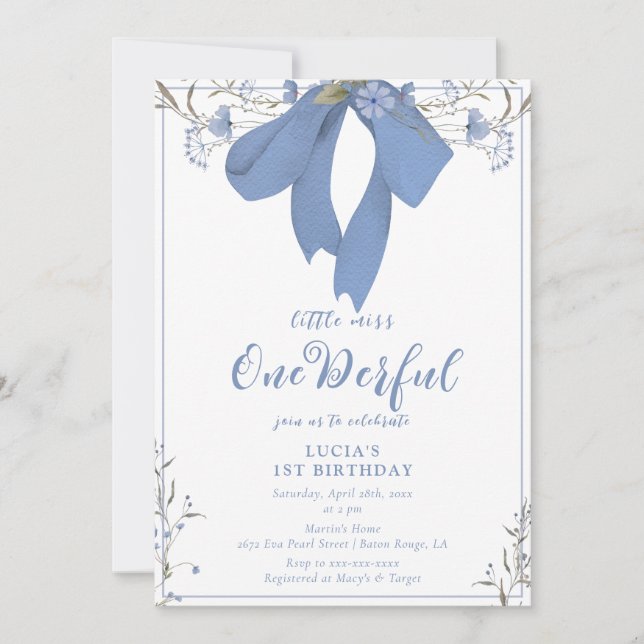 Invitation Coquette florale superbe Bow Girl 1er anniversaire (Devant)