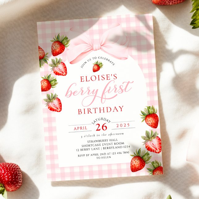 Invitation Coquette Gingham Fraise Premier Anniversaire (Créateur téléchargé)
