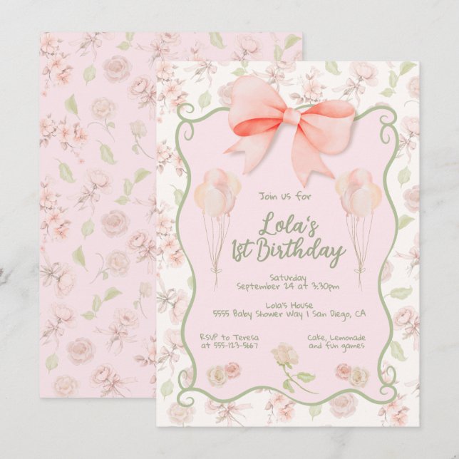 Invitation Coquette Girl Rose Bow Toile Anniversaire Fête (Devant / Derrière)