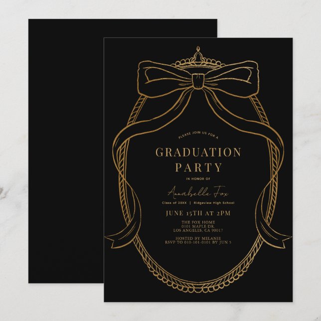 Invitation Coquette Gold Bow Ribbon Black Graduation Party (Devant / Derrière)