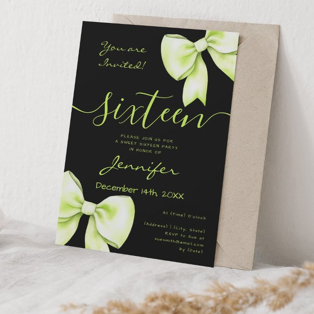 Invitation Coquette Lime Green Bow Sweet 16 Anniversaire Noir (Coquette Lime Green Bow Sweet 16 Birthday Black Invitation)